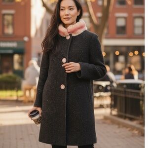 Vintage Cole Haan Vintage Black and Pink Wool Pea Coat with Pink Real Fur Collar